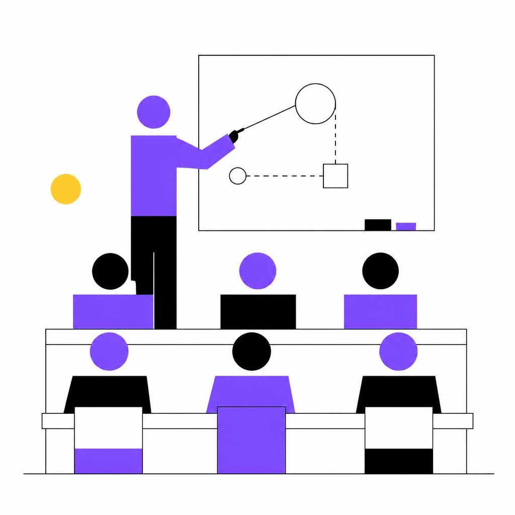 Editorial illustration of a classroom with someone drawing a diagram for students
