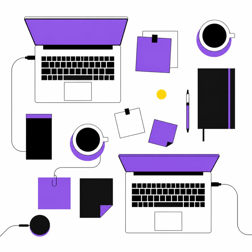 Overhead editorial illustration of a workbench with laptops, notes and coffee